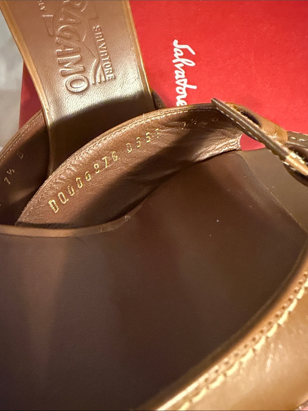 Salvatore Ferragamo Tan Brown Leather Slide Mules with Gold Buckle - Picture 4 of 4
